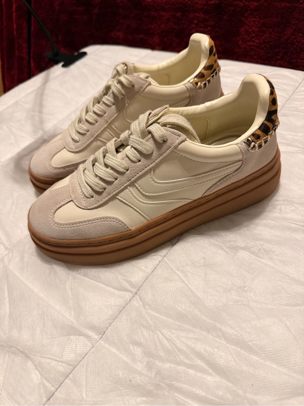 Steve Madden Cream and Tan Platform Sneakers with Leopard Accent